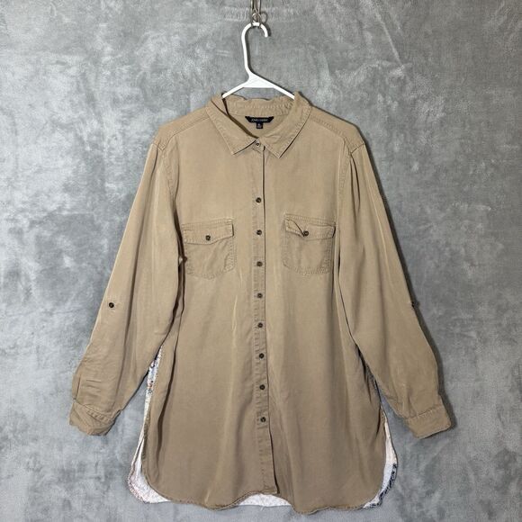 John Mark Top XL Tan Mixed Media Floral Long Sleeve  Boho Roll Tab Sleeve - Picture 3 of 8